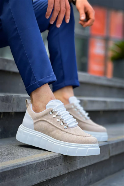 KB-X10 Kuback Bej Süet Beyaz Yüksek Taban Günlük Spor Ayakkabı