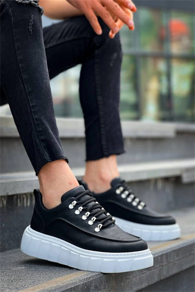 KB-X10 Kuback Siyah Cilt  Beyaz Yüksek Taban Günlük Spor Ayakkabı