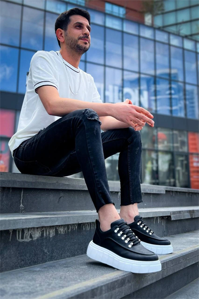 KB-X10 Kuback Siyah Cilt  Beyaz Yüksek Taban Günlük Spor Ayakkabı