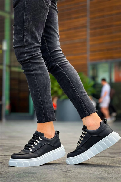 KB-X10 Kuback Siyah Cilt  Beyaz Yüksek Taban Günlük Spor Ayakkabı