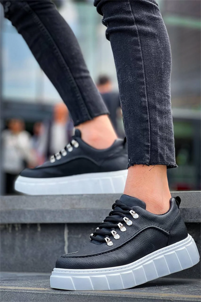 KB-X10 Kuback Siyah Cilt  Beyaz Yüksek Taban Günlük Spor Ayakkabı