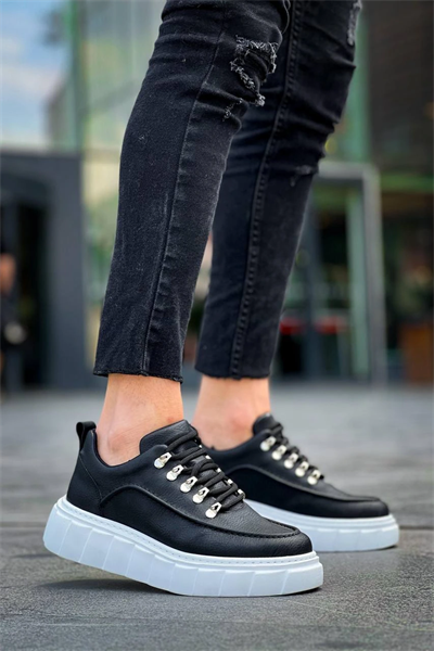 KB-X10 Kuback Siyah Cilt  Beyaz Yüksek Taban Günlük Spor Ayakkabı