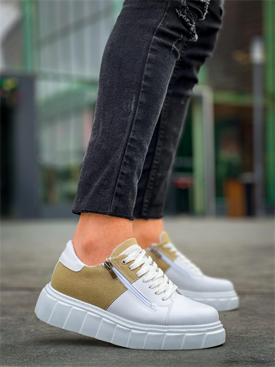 KB-X155 Kuback Beyaz Cilt Bej Süet Detaylı Beyaz Yüksek Taban Günlük Spor Ayakkabı