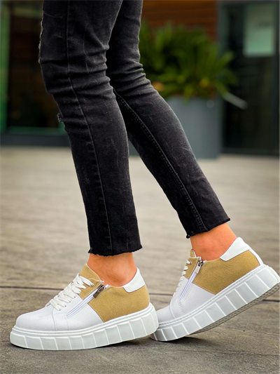 KB-X155 Kuback Beyaz Cilt Bej Süet Detaylı Beyaz Yüksek Taban Günlük Spor Ayakkabı