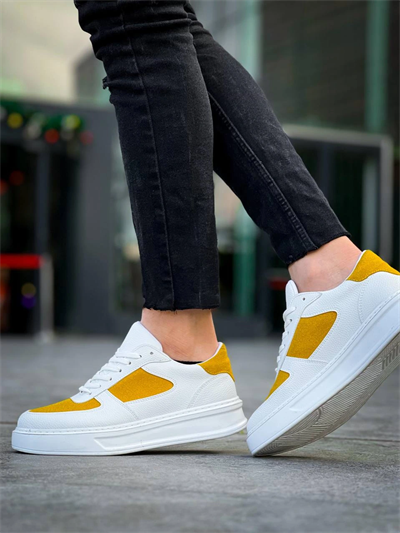 KB-X8 Kuback Beyaz Cilt Sarı Süet Detaylı Beyaz Yüksek Taban Günlük Spor Ayakkabı
