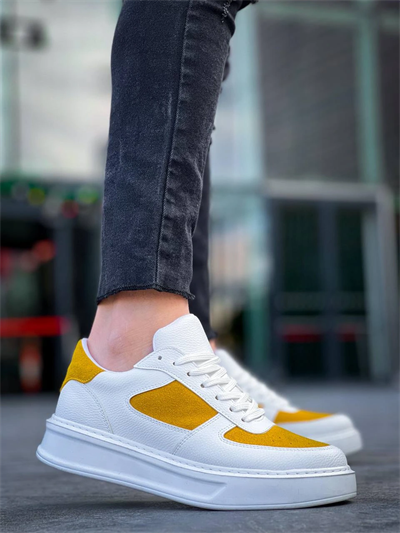 KB-X8 Kuback Beyaz Cilt Sarı Süet Detaylı Beyaz Yüksek Taban Günlük Spor Ayakkabı