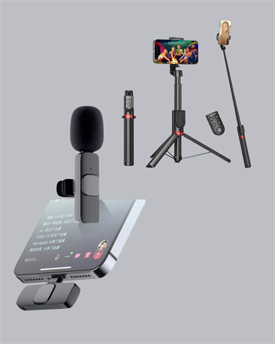 Kablosuz Çift Yaka Mikrofonu ve Tripodlu Selfie Çubuğu İçerik Üretici Seti