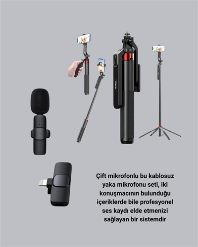 Kablosuz Çift Yaka Mikrofonu ve Tripodlu Selfie Çubuğu İçerik Üretici Seti