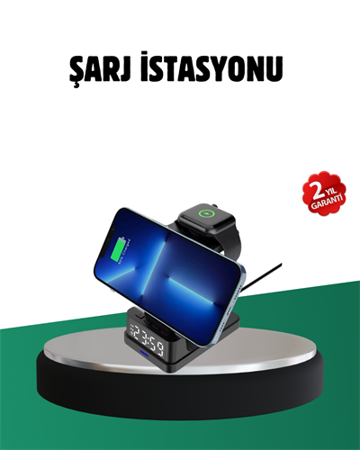 Kablosuz Şarjlı Dijital Masa Saati – 3 Parlaklık Seviyeli LED, Hızlı Şarj, Apple Uyumlu