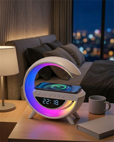 Kablosuz Şarjlı LED Işıklı Masa Saati Bluetooth Hoparlör Alarm Fonksiyonlu