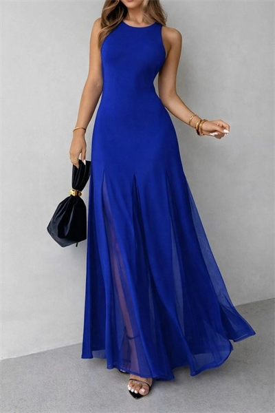 Kadın Askılı Bisiklet Yaka Etek Ucu Tül Detaylı Asimetrik Kiloş Uzun Ithal Krep Elbise