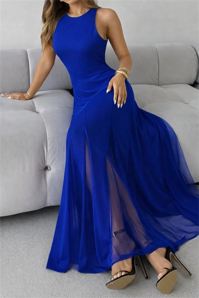 Kadın Askılı Bisiklet Yaka Etek Ucu Tül Detaylı Asimetrik Kiloş Uzun Ithal Krep Elbise