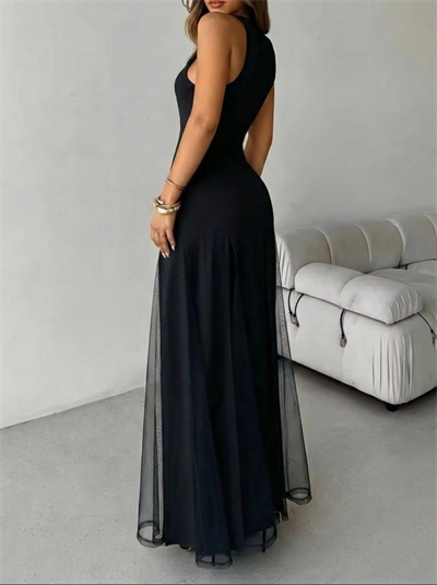 Kadın Askılı Bisiklet Yaka Etek Ucu Tül Detaylı Asimetrik Kiloş Uzun Ithal Krep Elbise