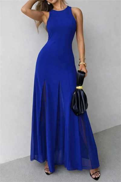 Kadın Askılı Bisiklet Yaka Etek Ucu Tül Detaylı Asimetrik Kiloş Uzun Ithal Krep Elbise