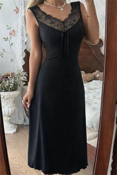 Kadın Askılı Dantel Yakalı Uzun Kalın Fitilli Kaşkorse Gecelik