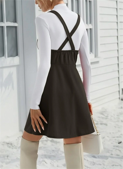 Kadın Askılı Düğmeli Mini Süet Elbise