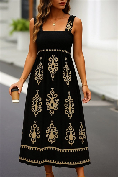 Kadın Askılı Kare Yaka Gipe Detaylı Desenli Suprem Elbise