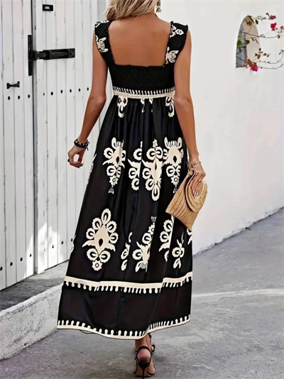 Kadın Askılı Kare Yaka Gipe Detaylı Desenli Suprem Elbise