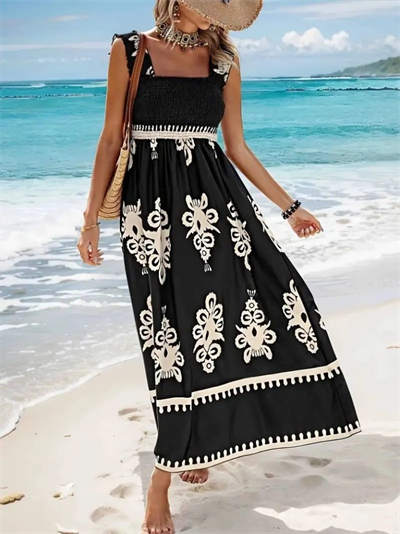 Kadın Askılı Kare Yaka Gipe Detaylı Desenli Suprem Elbise