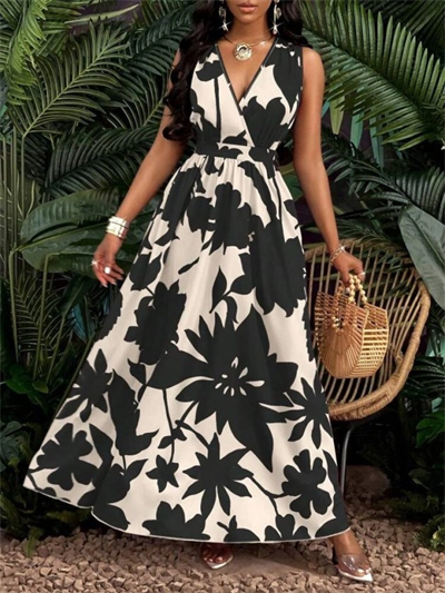 Kadın Askılı Kruvaze Yakalı çiçek Desenli Uzun Süprem Elbise