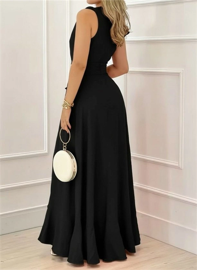 Kadın Askılı Kruvaze Yakalı önü Volanlı Uzun Krep Elbise