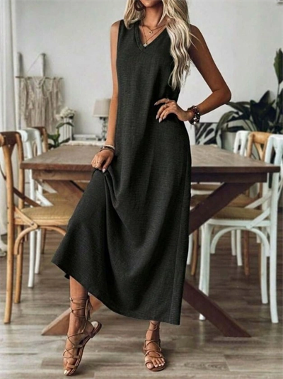 Kadın Askılı V Yakalı Uzun Elbise