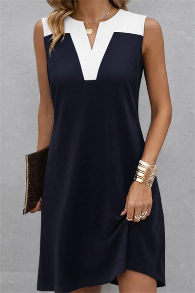 Kadın Askılı V Yakalı çift Renkli Kısa Viskon Iki Iplik Elbise