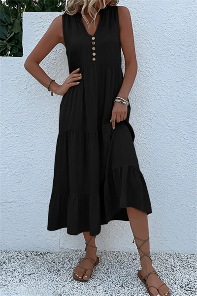 Kadın Askılı V Yakalı önden Düğmeli Midi Viskon Elbise