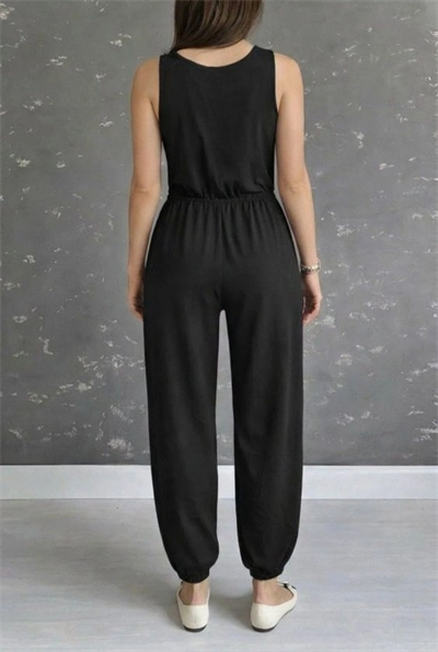 Kadın Askılı Yuvarlak Yakalı Cepli Viskon Tulum