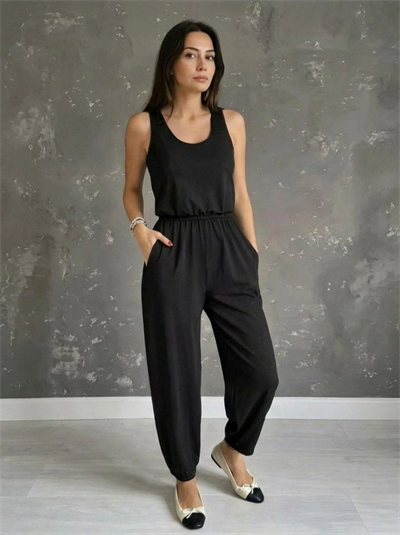 Kadın Askılı Yuvarlak Yakalı Cepli Viskon Tulum