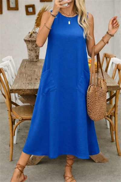 Kadın Askılı Yuvarlak Yakalı Kıloş Cepli Uzun Elbise