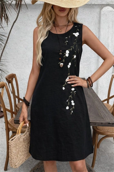 Kadın Askılı Yuvarlak Yakalı çiçek Desenli Kısa Elbise
