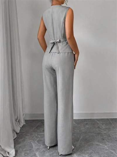 Kadın Askılı önden Düğmeli Bluz Ve Pantolon Keten Ikili Takım