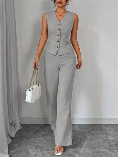 Kadın Askılı önden Düğmeli Bluz Ve Pantolon Keten Ikili Takım