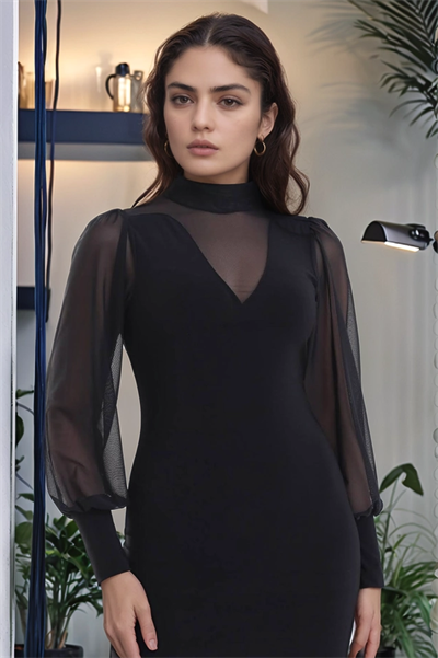 Kadın Balıkçı Yaka Transparan Detay Fırsat ürün Sandy Kumaş Mini Elbise