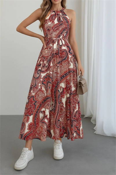 Kadın Halter Yakalı Omuzlardan Açık Kuşaklı Maksi Boy Desenli Süprem Elbise