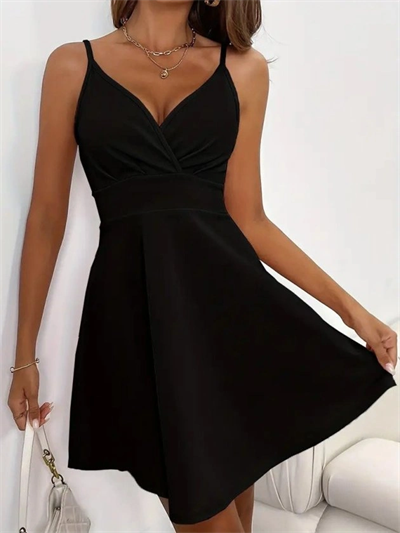 Kadın Ip Askılı Kruvaze Yakalı Kısa ıthal Krep Elbise