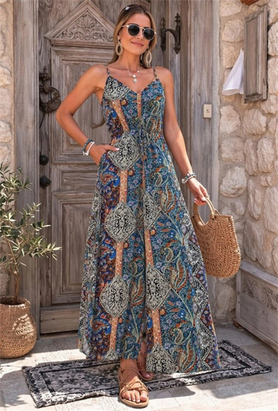 Kadın Ip Askılı V Yakalı Cep Detaylı Desenli Uzun Süprem Tulum