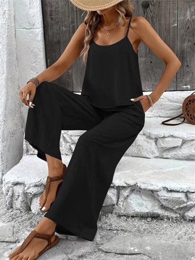 Kadın Ip Askılı Yuvarlak Yakalı Aerobin Kısa Bluz Ve Pantolon Ikili Takım