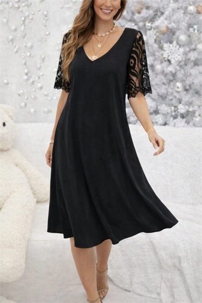 Kadın Kısa Dantel Kollu V Yakalı Midi Viskon Elbise