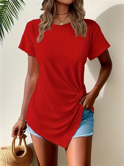 Kadın Kısa Kollu Bisiklet Yaka Asimetrik Kesim Detaylı Viskon Bluz