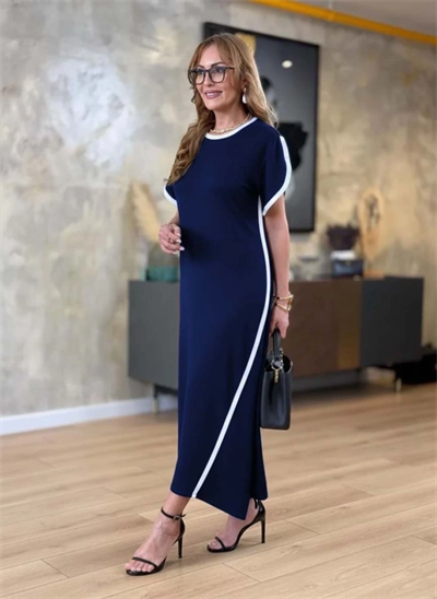 Kadın Kısa Kollu Bisiklet Yaka çift şerit Renk Detaylı Asimetrik Kesim Viskon Iki Iplik Elbise