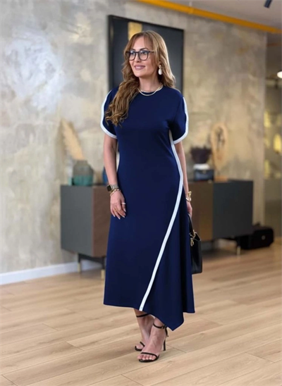 Kadın Kısa Kollu Bisiklet Yaka çift şerit Renk Detaylı Asimetrik Kesim Viskon Iki Iplik Elbise