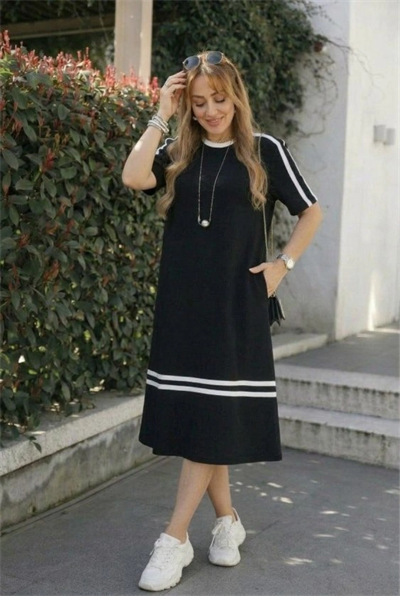 Kadın Kısa Kollu Bisiklet Yaka şerit Detaylı Midi Viskon Elbise