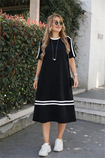 Kadın Kısa Kollu Bisiklet Yaka şerit Detaylı Midi Viskon Elbise