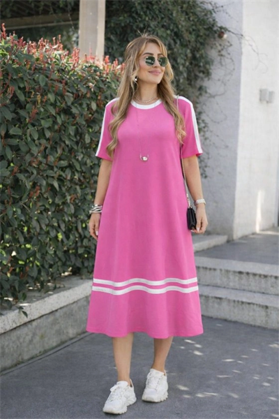 Kadın Kısa Kollu Bisiklet Yaka şerit Detaylı Midi Viskon Elbise