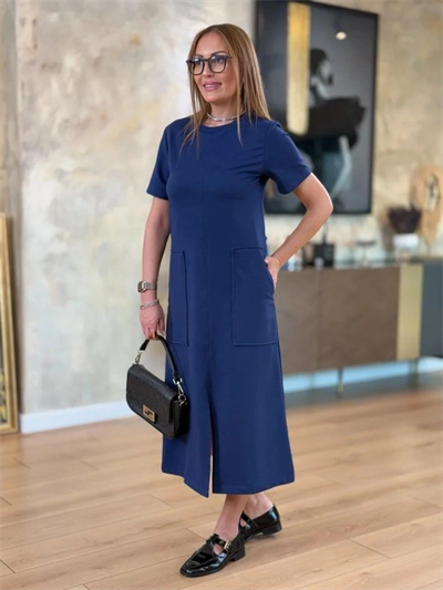 Kadın Kısa Kollu Bisiklet Yakalı Cepli önden Yırtmaçlı Viskon Iki Iplik Midi Elbise