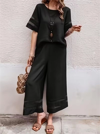 Kadın Kısa Kollu Bisiklet Yakalı Tül şerit Detaylı Bluz Ve Pantolon Ikili Takım