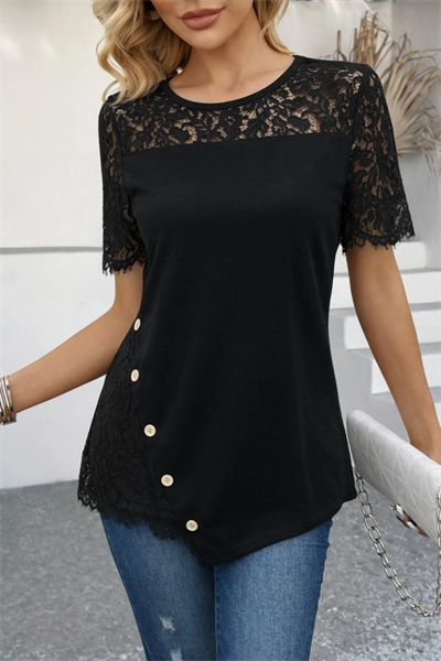 Kadın Kısa Kollu Dantel Detaylı Yandan Düğmeli Waffle Bluz