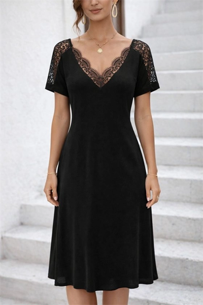 Kadın Kısa Kollu Dantel V Yakalı Midi Viskon Elbise